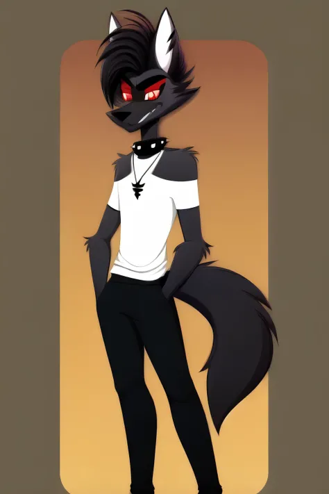 safe content, by vivziepop, mammal, canid, canid demon, demon, canine, monster, anthro, male, fur, solo, hair, black body, brown fur, helluva boss, hellhound, black pants. white shirt, white and black pupils, red eyes, character turnaround, concept art 