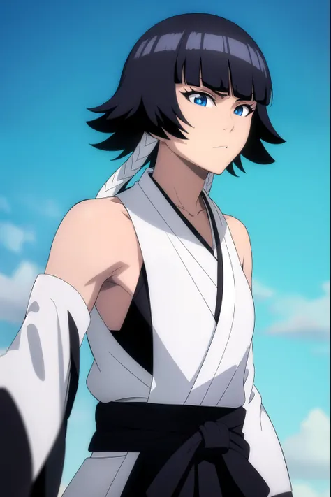 Thirst, Thirst, short hair, bang, black hair , short hair with long locks, ( black eyes:1.5),
BREAK gloves, japanese clothes, elbow gloves , hakama, black hakama, Haori, (white Haori:1.5), black kimono with an open neckline you can see a medium chest,...