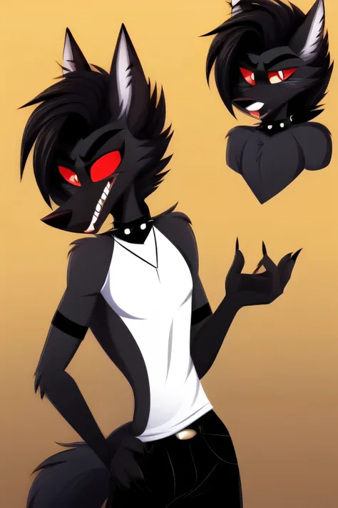 safe content, by vivziepop, mammal, canid, canid demon, demon, canine, monster, anthro, male, fur, solo, hair, black body, brown fur, helluva boss, hellhound, black pants. white shirt, white and black pupils, red eyes, character turnaround, concept art 