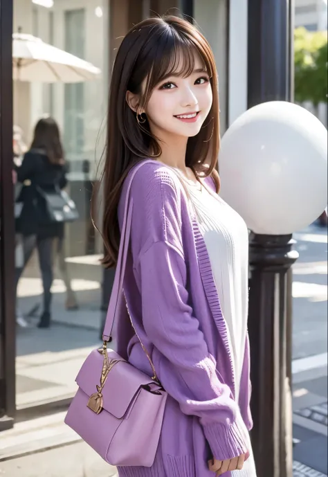 masterpiece、Highest quality、whole body、One Girl、bangs、Japanese、Black Hair、long hair、 Long Sleeve 、 Cardigans 、Purple、window、smile、alone、Stylish woman、pastel colored outfits、front、Luxury background elements、Confident expression、Modern and trendy、Fashion foc...