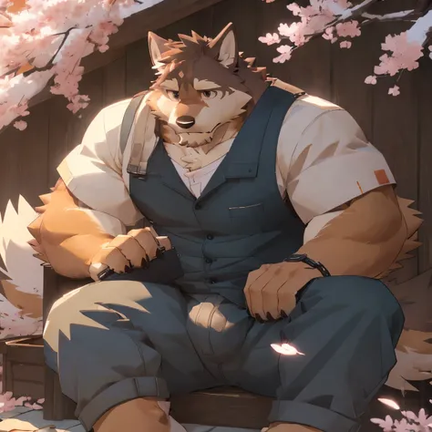 Scribble 柴Dog face, cute face,Humanity (Dog),(casual clothing:1.3), muscular,( brown eyebrows :1.1),( perfect black eyes),（artist:takemoto arashi）,( plump buttocks ),()，Cherry blossoms，sitting，sad expression ，Wolf tail。