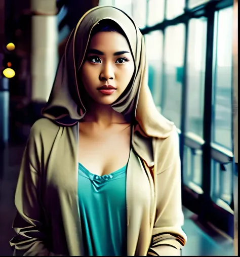(( Malay girl wearing hijab )), (Modeling style),  poor homeless   (( wearing messy loose-fitting clothes)), (shy), 1 girl,  alone ,  messy brown curly hair , The face is very delicate., The beautiful eyes, [chubby], cute, melancholy eyes, , amazing beauty...