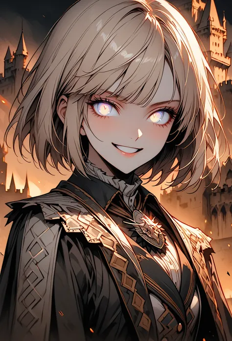 solo, woman, victorian era, short hair, straight hair, hime cut, male military uniform, hero, simple helmet, medals, wide teasing smile, friendly, light-brown silver hair, high-contrast eyes, faintly glowing eyes, silver eyes, broad shoulders, tomboy, cast...