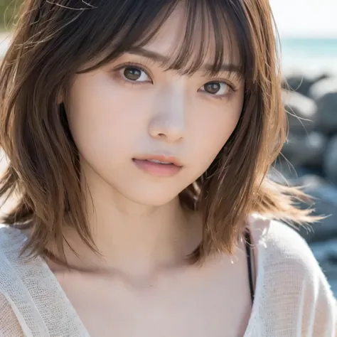masterpiece、 for men watching pussy, ultra high resolution、8k,photograph、 1 girl, ( big breasts at the temple:1.0), bright, Blurred Background, ( asymmetrical bang、 EXTRA LONG WAVY HAIR :1.5), (Floating Hair:1.0)、(Relaxed robe décolletage with an open c...