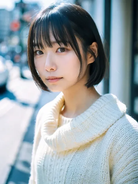 Japanese women, white sweater、Sweaty shiny skin、Young Face, Bob Cut Hair, morning, window, Incomplete details, Shooting with Leica, analog, 35mm:: (Artistic light leakage:1.4), Lens flare::4 - Style Row - AR 2:3 --s 150 --c 4