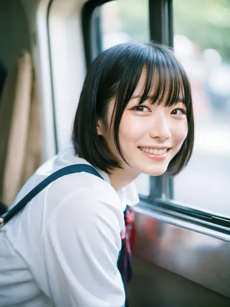 Japanese women, school uniform、Sweaty shiny skin、Young Face, Bob Cut Hair, morning, window, Incomplete details, Shooting with Leica, analog, 35mm:: (Artistic light leakage:1.4), Lens flare::4 - Style Row - AR 2:3 --s 150 --c 4,smile