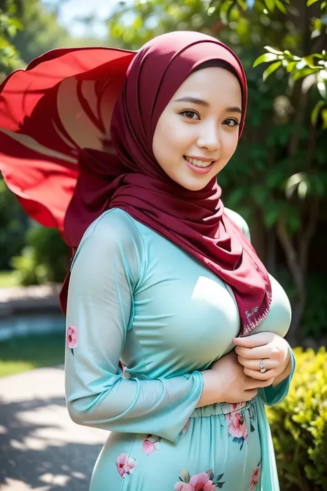 RAW, Best quality, high resolution, Masterpiece: 1.3), Beautiful Malay woman in hijab, Masterpiece, Perfect slim body, ((Big breasts)), Beautiful big eyes, water eyes, Soft smile, ((wearing tight red pastel floral malay gamis with closed hijab)), simple di...