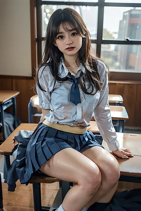 (( Beautiful Japanese Girls :1.3)) (( school uniform :1.4)) ((Panty shot:1.5)) (( High School)),(( dark blue skirt:1.3)) ((is in the classroom:1.3)) ((thin_ fabric :1.4)) (( random sexy pose:1.3)) (( Sweaty :1.5))((Blushing:1.4)) ((Big Breasts:1.4)) ((clos...