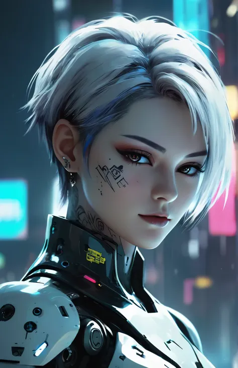  The text seems to describe a future , Cyberpunk style scene . In this scene,  there is a high definition  (HD) Close-up do rosto,  with compact facial features and a deep background .  The characters have colored spray paint and tattoos on their bodies,  ...