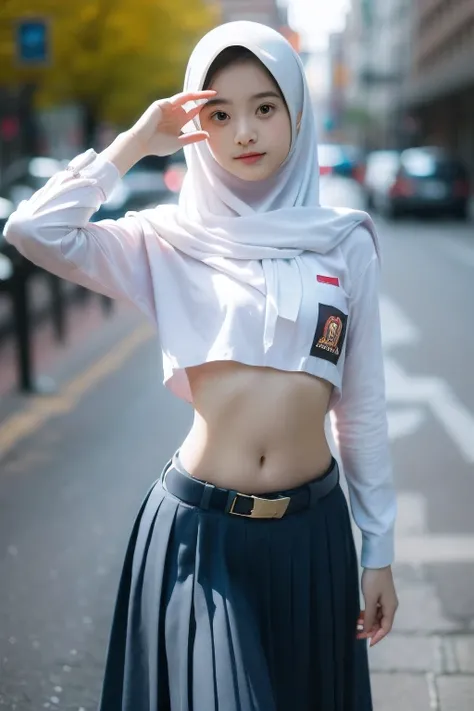(((Ultra-HD-quality-details))) , school girl wearing hijab (Hijabi) , long sleeve uniform buttoned open navel ,indistinct ,pale skin, Long skirt ,belt buckles are worn below the hips (like a belly dancer ) , both hands on the hips confirms the curves of th...