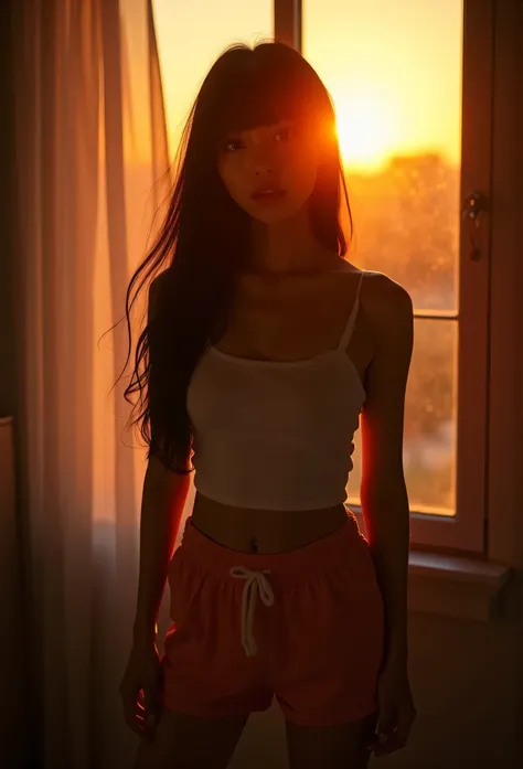 is night, a korean, 20 years old woman, parted lips, wearing pink shorts and a white tank top, is standing in front of a window....