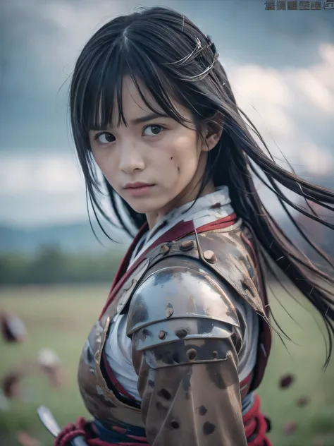 (Close up portrait of one slender small breasts two side up black medium hair with bangs girl in a black colored dirty bloody armor warrior as samurai in Japan at raining:1.5)、(One girl makes fighting pose and hold Japanese traditional white blade sword on...