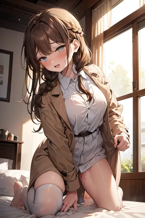 boy wearing a white shirt and brown pants underneath a brown trench coat, short brown haired boy, girl wearing a white gown, ora...