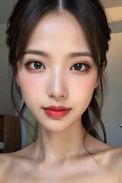 (Highest quality, Tabletop, 8k, Best image quality, Award-winning works), great beauty, (nude:1.5), (The simplest pure black background:1.5), (Face close-up:1.6), Accentuate your body lines, Beautiful and exquisite, seductive Expression, (look straight at...