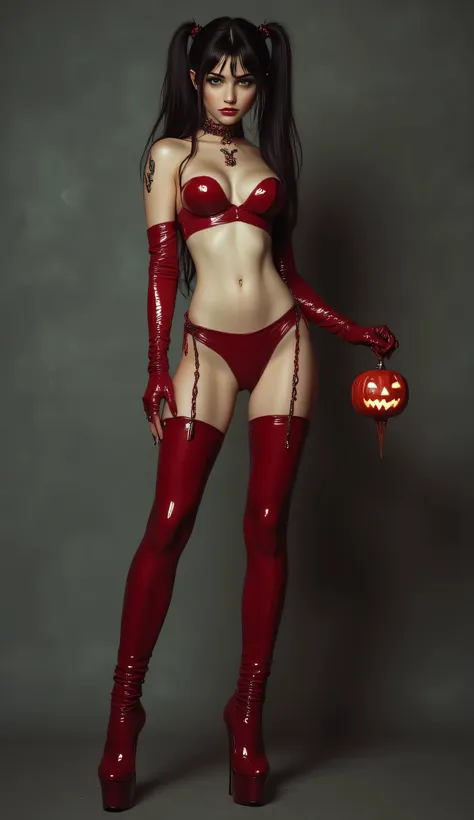 1 girl ultra skinny anorexic scandinavian korean teen girl , (( holding a small red shiny plastic jack o lantern )), (cumface gi...