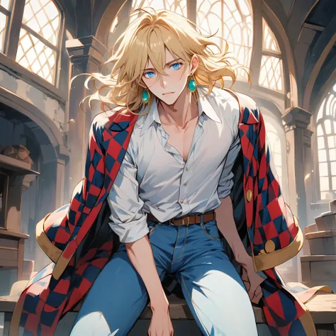 howl from howls moving castle, 1male, blonde hair, green earrings, red and blue checkered coat with golden rims, white shirt, blue jeans, blue eyes, handsome, manwha, slender, femboy