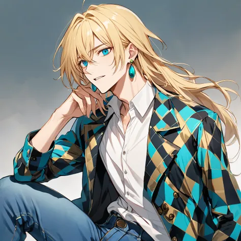 howl pendragon from howls moving castle, 1male, long blonde hair, green earrings, pink, blue und teal checkered coat with golden rims, white shirt, blue jeans, blue eyes, handsome, manwha, slender