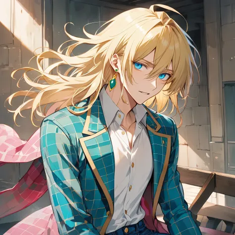 howl pendragon from howls moving castle, 1male, long blonde hair, green earrings, pink, blue und teal checkered coat with golden rims, white shirt, blue jeans, blue eyes, handsome, manwha, slender