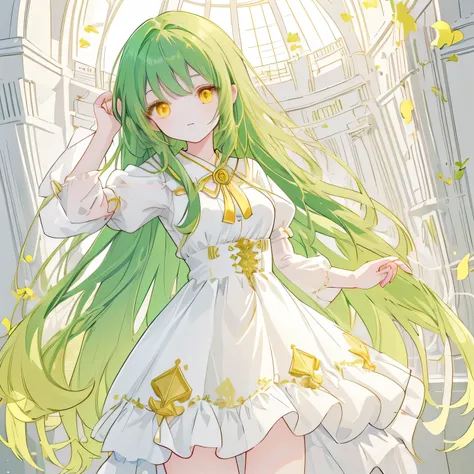 a girl with long dark green hair, yellow eyes,hair behind ear,，Bangs,C cup,white dress, anime, anime style, UHD, masterpiece, accurate, anatomically correct, super detail, high quality, high details, award winning,  highres , best quality, 8k,cute