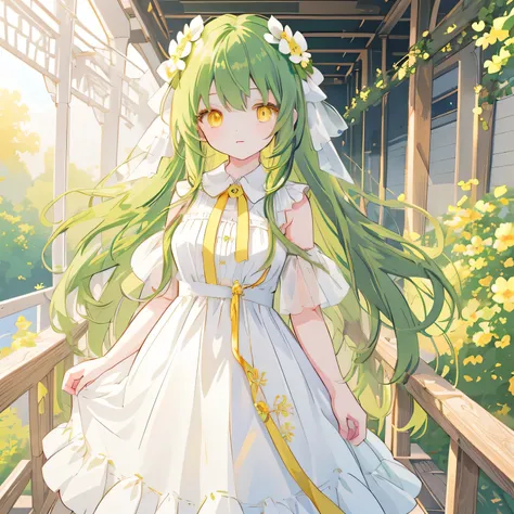 a girl with long dark green hair, yellow eyes,hair behind ear,，Bangs,C cup,white dress, anime, anime style, UHD, masterpiece, accurate, anatomically correct, super detail, high quality, high details, award winning,  highres , best quality, 8k,cute