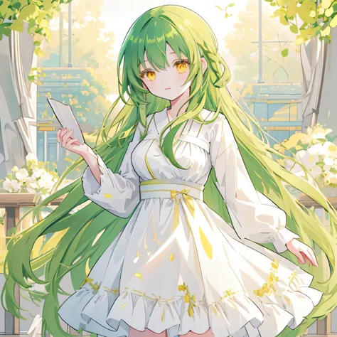 a girl with long dark green hair, yellow eyes,hair behind ear,，bangs,c cup,white dress, anime, anime style, uhd, masterpiece, ac...