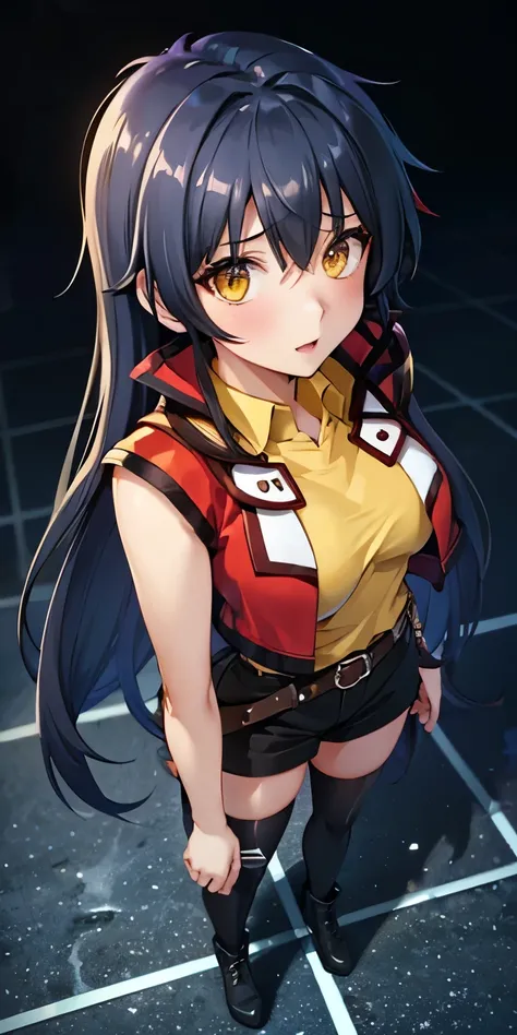 1 female,high definition,high resolution,ultra-realistic,8k, hmrei, long hair, black hair,yellow eyes,red jacket, collared shirt...