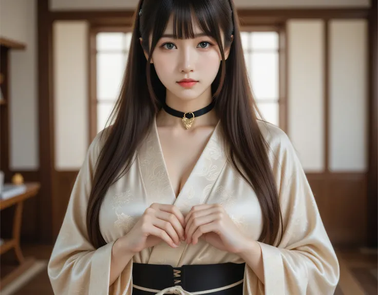 Best Quality、masterpiece、Group photo、(  kimono，kimono ),   big breasts at the temple, ((  Layered Haircuts  )),（8k，Best Quality），    full body shot    ，Shooting from a medium distance，Oiran，Full body image、 Adorable， smile:2，   long brown hair， 32K, master...