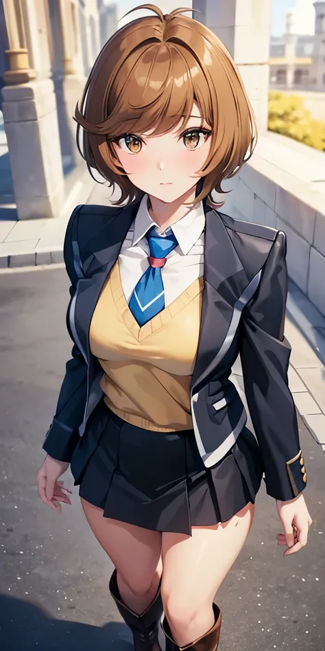 1 Female,High definition,high resolution,Ultra-realistic,8K, hmza, short hair, antenna hair, brown eyes,  blue necktie, yellow shirt,black jacket, long sleeves, black skirt,tight skirt, ((miniskirt)), school uniform ,brown boots,medium breasts,European,sex...