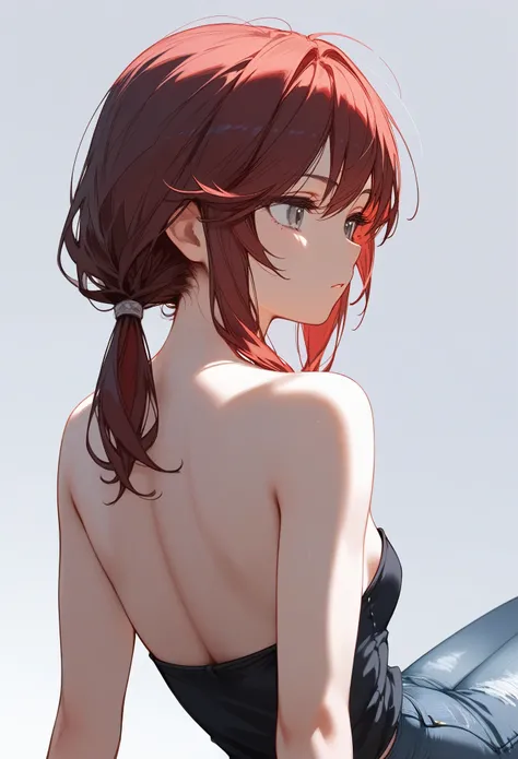 1girl, solo, Gray eyes, dark red hair, swept bangs, low twin tails, small breasts, toned arms from behind,looking away, close-up, bare shoulders, strapless gray shirt with white trim, black jeans, back view, back covered by hair, arms on sides, upper body, white background, simple background, masterpiece, score_9, score_8_up, score_7_up