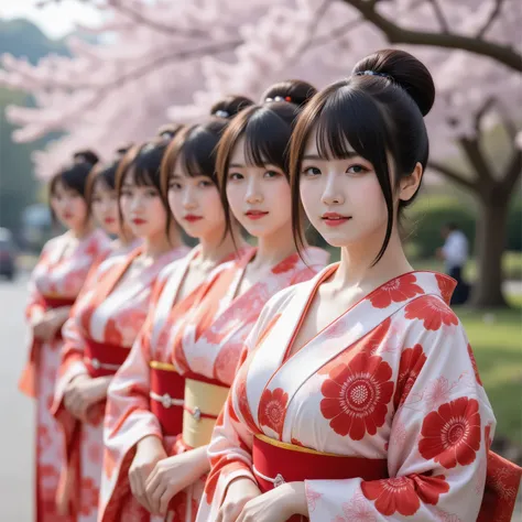 Best Quality、masterpiece、Group photo、 line up in a row、(  Completely naked，Nipples， large areolas),   big breasts at the temple, ((  Layered Haircuts  )),（8k，Best Quality），    full body shot    ，Shooting from a medium distance，geisha，Full body image、 Adora...