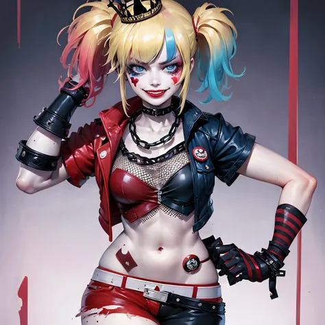  Harley Quinn,  a girl, perfect face, perfect eyes, best quality, crown necklace open jacket short sleeves shorts waist belt studded fishing net chain gloves bracelet, sensual smile, seductive