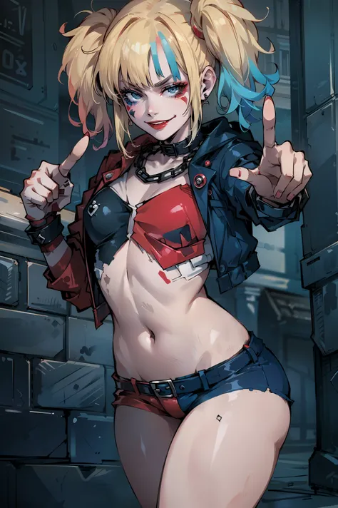  Harley Quinn from Suicide Squad, Lean body,  short hair,  erotic pose ,  detailed eyes , perfect face,  seductive smile , beautiful legs, very sexy,  looking at the viewer , pointing at the viewer, perfect fingers, perfect anatomy