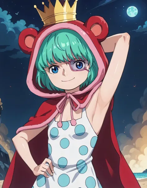 sugar, green hair, short hair, blue eyes, eyepatch, crown, red hood, animal hood, polka dot dress, high quality, shiny skin, solo, night sky, beach, arm behind head, hand on hip, {contrapposto}, closed mouth, spread armpits, cowboy shot, looking at viewer,...