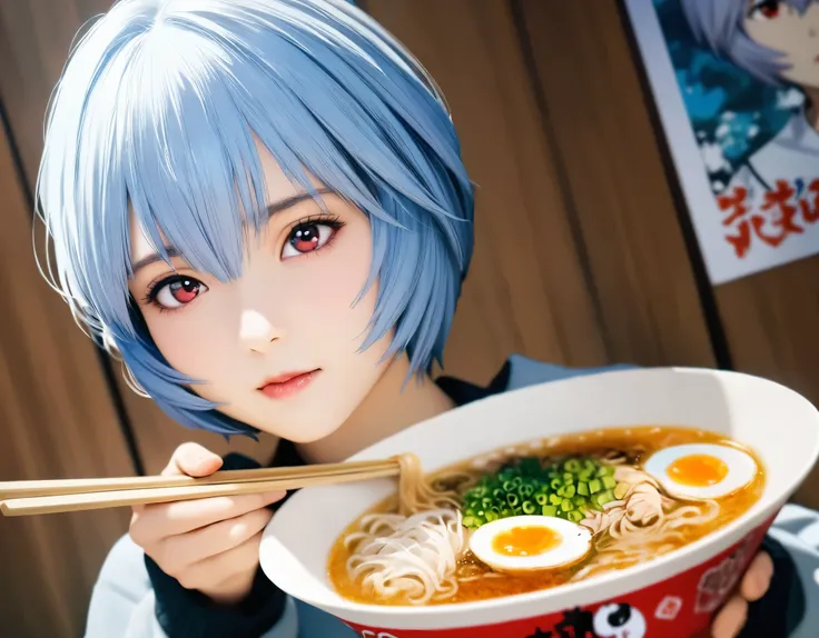 (best quality, 8k, high resolution:1.2), 1girl, ayanami_rei, ramen, upper body