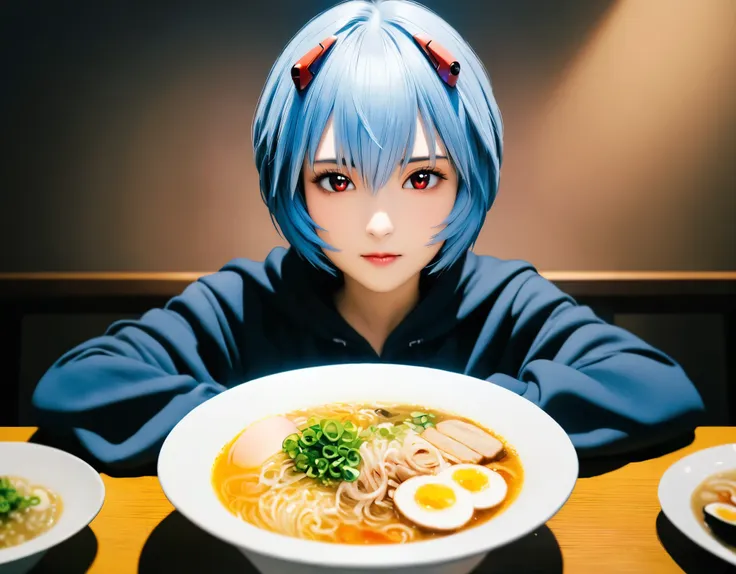 (best quality, 8k, high resolution:1.2), 1girl, ayanami_rei, ramen, upper body