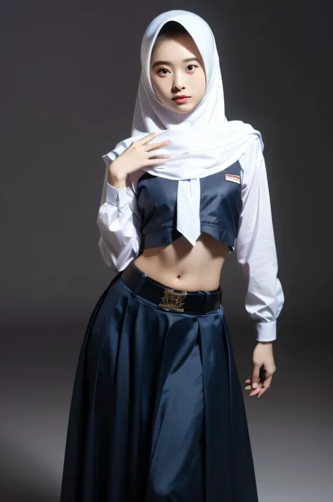 (((Ultra-HD-quality-details))) , school girl wearing hijab (Hijabi) , long sleeve uniform buttoned open navel ,indistinct ,pale skin, Long skirt ,belt buckles are worn below the hips (like a belly dancer ) , both hands on the hips confirms the curves of th...