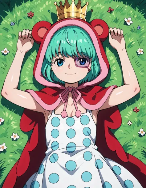 sugar, green hair, short hair, blue eyes, eyepatch, crown, red hood, animal hood, polka dot dress, dress, shiny skin, high quality, solo, lying, on back, arms up, spread arms, closed mouth, on grass, cowboy shot, looking at viewer, smile, best quality