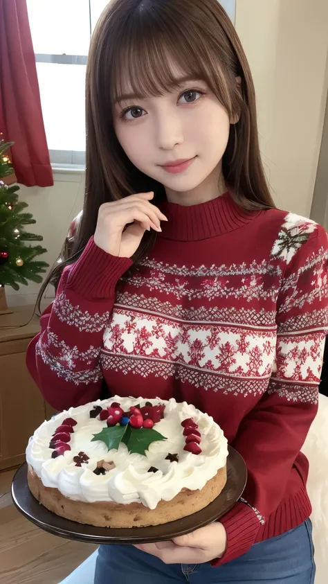 8k high definition quality、Christmas decorated room、Christmas Sweaters, Cute Sweater、Denim jeans、Christmas cake displayed on the table 、 glamorous and cute high school girl with big breasts、