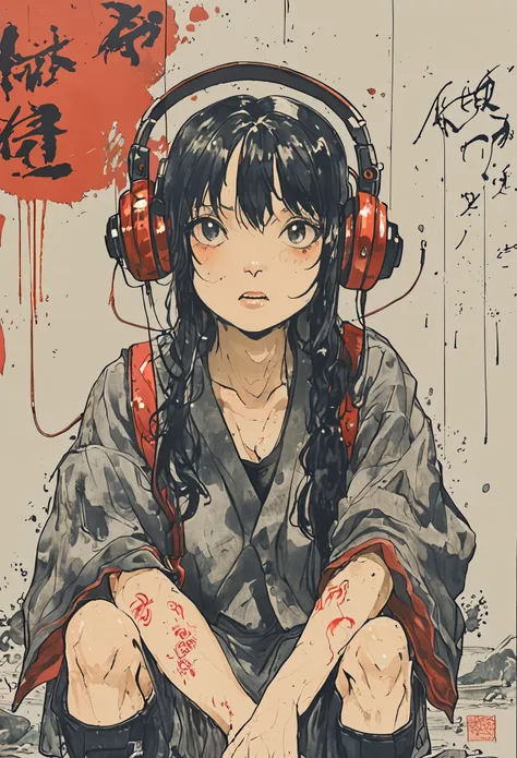 sketch、ink painting、 beautiful japanese schoolgirl、 kawanabe kyosai's style、uniform、nike sneakers、shibuya、headphones、depression、...