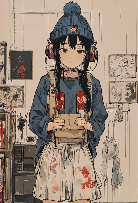 sketch、ink painting、 beautiful japanese schoolgirl、 kawanabe kyosai's style、uniform、nike sneakers、shibuya、headphones、knitted hat...