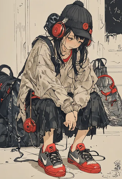 sketch、ink painting、 beautiful japanese schoolgirl、 kawanabe kyosai's style、uniform、nike sneakers、shibuya、headphones、knitted hat...