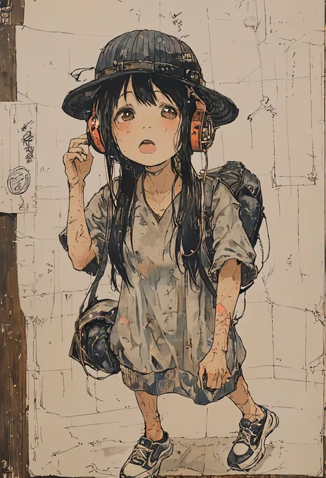 sketch、ink painting、 beautiful japanese schoolgirl、 kawanabe kyosai's style、uniform、nike sneakers、shibuya、headphones、knitted hat...