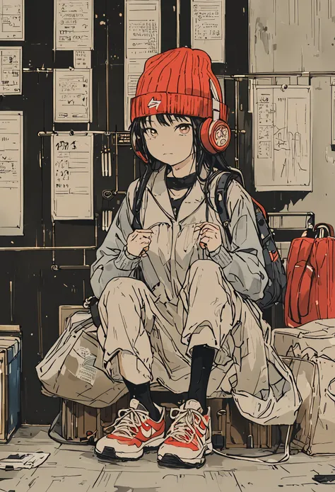 sketch、ink painting、 beautiful japanese schoolgirl、 kawanabe kyosai's style、uniform、nike sneakers、shibuya、headphones、knitted hat...