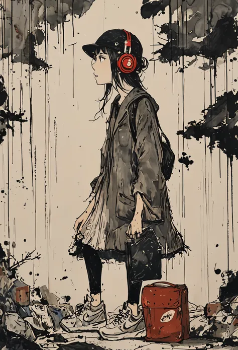 sketch、ink painting、 beautiful japanese schoolgirl、 kawanabe kyosai's style、uniform、nike sneakers、shibuya、headphones、knitted hat...