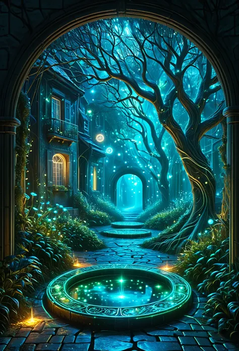 Mysterious alleys full of otherworldly charm, as if you have stepped into a realm where reality and fantasy intersect, its alleys, old tree branches reaching towards the stars like skeletal fingers, pale, glowing bioluminescent plants, manholes with glowing magic circle designs, houses made of neon, this scene is a breathtaking beauty and dream The scene is breathtakingly beautiful and dreamlike, inviting the viewer into a mystical embrace