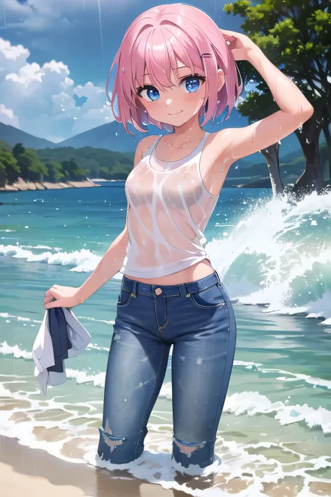 masterpiece,best quality,ultra detail,1girl, 14yo,petite,smile happy,ocean, pouring rain, cloudy, short hair, blue eyes, pink hair, hair ornament, x hair ornament,Raise your arms and behind your head,White teeth, white tank tops,jeans, wet jeans, wetting h...