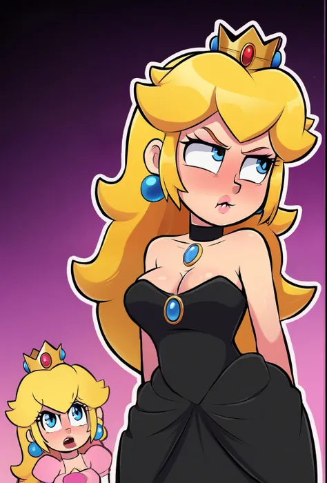 sexy princess peach, horny disgusted face, eyes looking to the side, fancy black dress cleavage