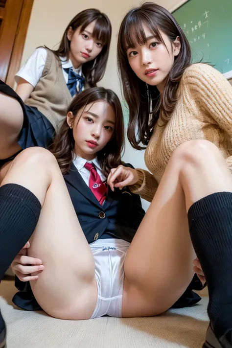 8k, RAW Portrait、(   photorealistic :1.4)、 ( Japanese Women),masterpiece、Realistic:1.3、Realistic,    Ultra-fine ,    best quality , Real Life Photos ,( dusk:1.2),  In the classroom、   sexy latino  、 knee socks、プリーツskirt、
((((2 girls:1.5)))), (((Two girls s...