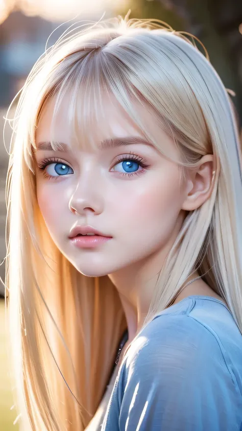 cute very beautiful first time with super long straight platinum blonde hair, the most beautiful in the world々 analog style portrait of a young woman with a pretty young face 、 The bangs between the eyes hang down to the tip of the nose 、Beautiful Extraor...