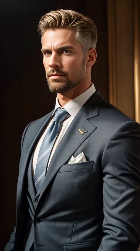 highly detailed painting, portrait, , poetic pastoral. short hair, small head tall Mature man, big beardfinger rings, wearing a suit and tie, wearing a suit and a tie, wearing suit and tie, wearing a shirt with a tie, wearing a business suit, wearing busin...